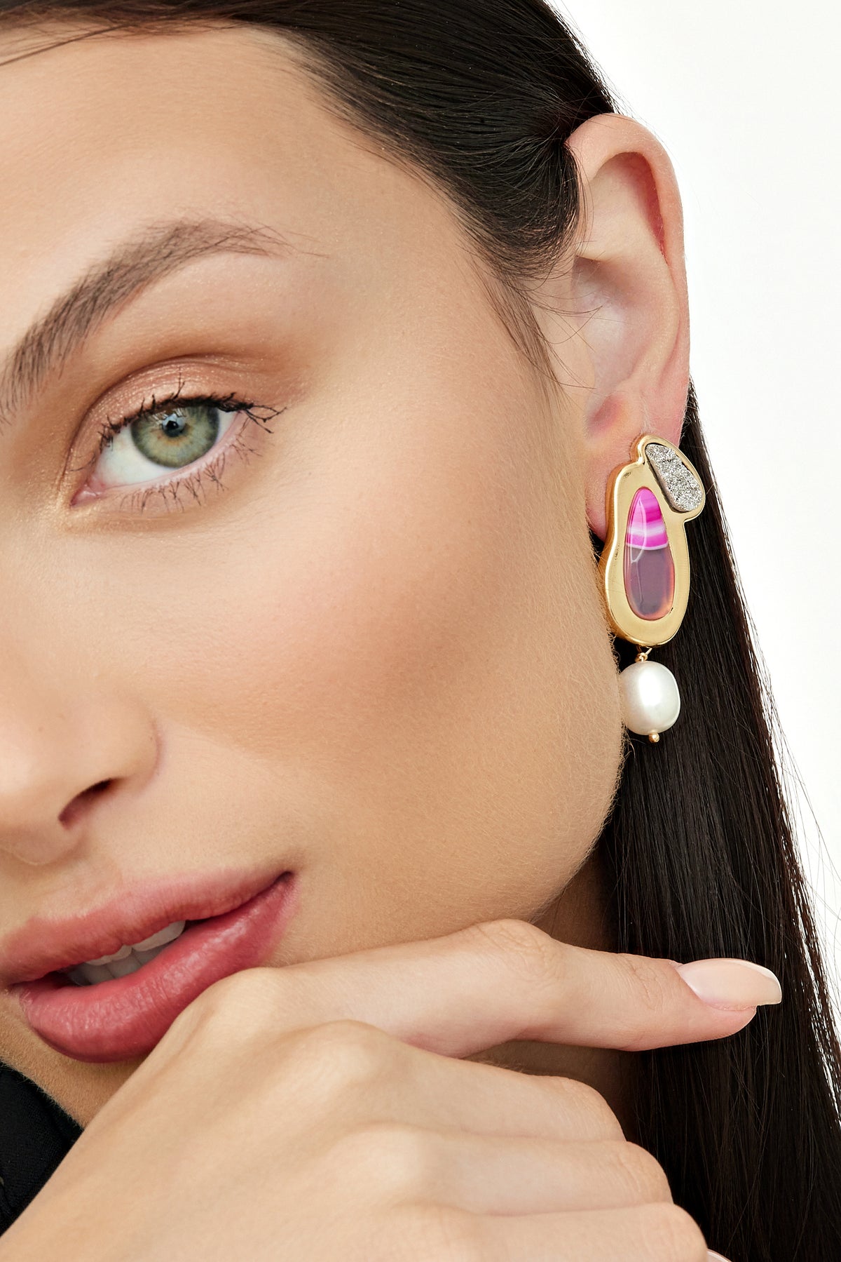 Par de brincos Ciclos Ágata Pink com Drusa e Pérola