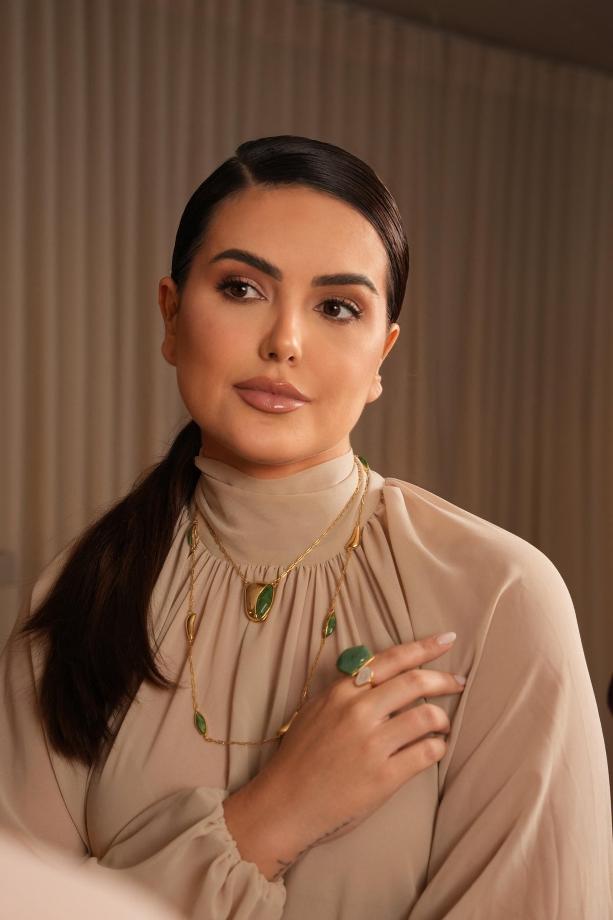 Anel PF com Quartzo Verde e Pérola