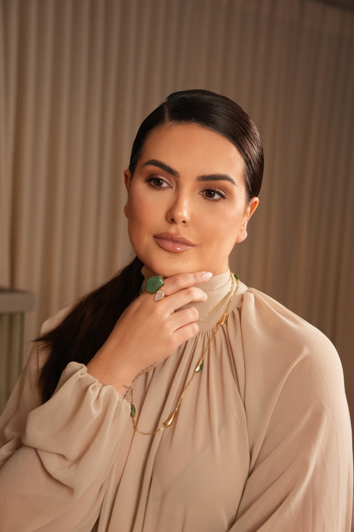 Anel PF com Quartzo Verde e Pérola