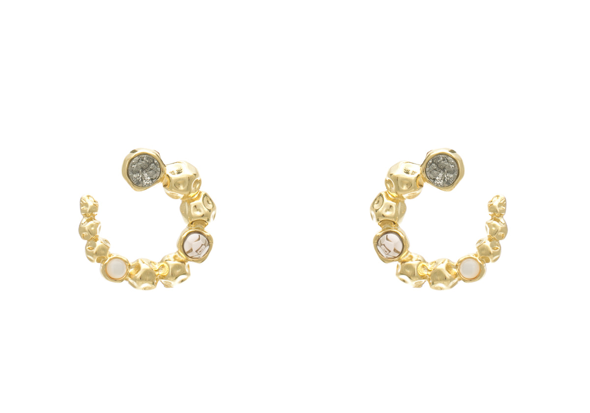 Par de Brincos Mantras G com Drusa, Quartzo Fumê e Madrepérola