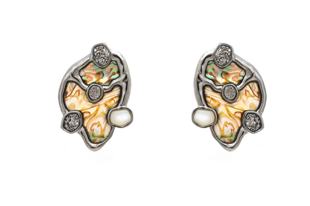 Brinco Aster em Ródio Negro com Abalone, Pérola e Drusa