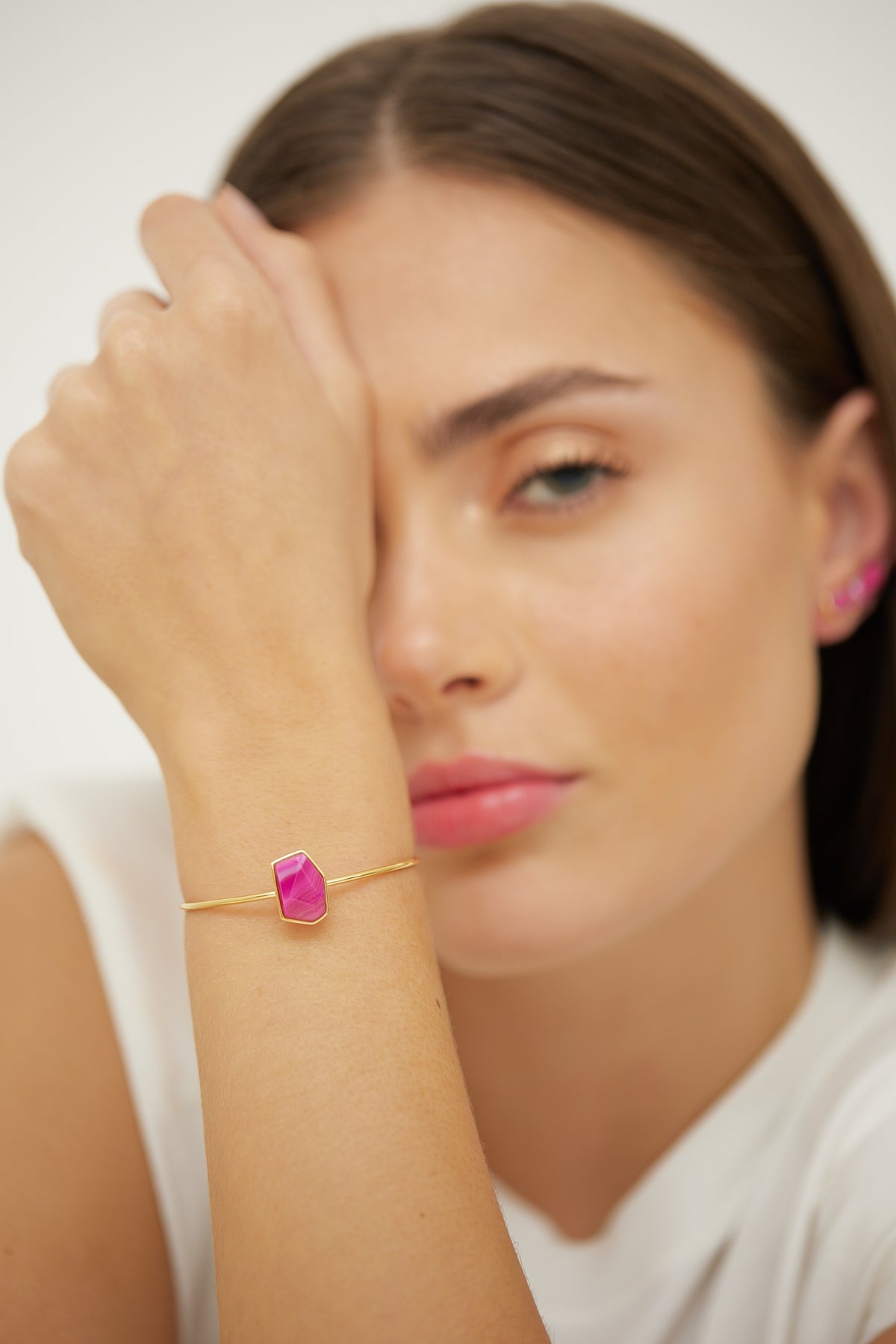 Bracelete Energia geométrico ouro Ágata Pink