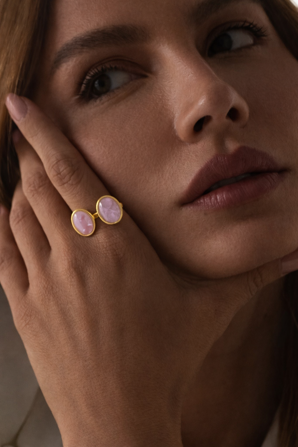 Anel Duplo Quartzo Rosa Ajustável