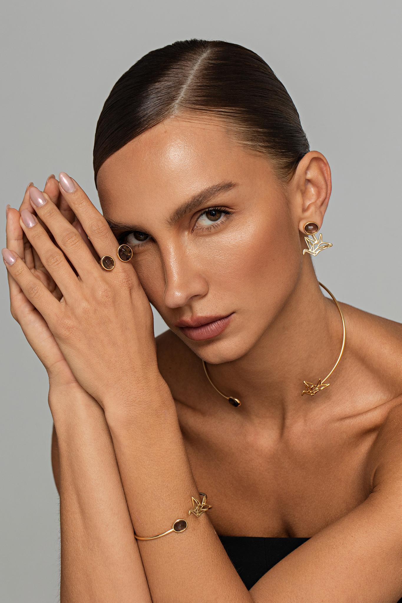 Anel Duplo Quartzo Fumê Ajustável