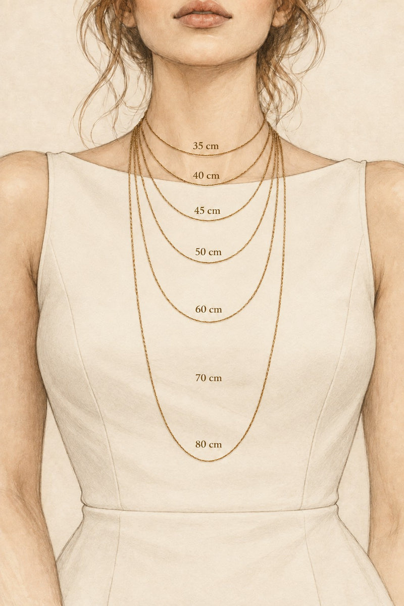Ilustração dos comprimentos de colar no corpo: 35, 40, 45, 50, 60, 70 e 80 cm.